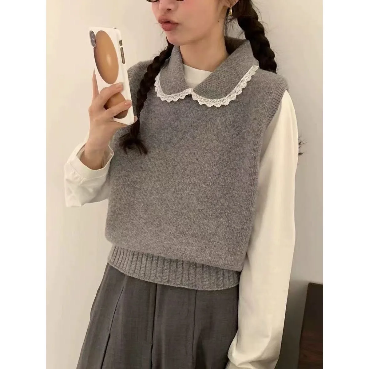 

Kimotimo Korean Style Knit Vest Women Lace Peter Pan Collar Sleeveless Sweater 2026 New Sweet Slim Overlap Short Pullover Tops