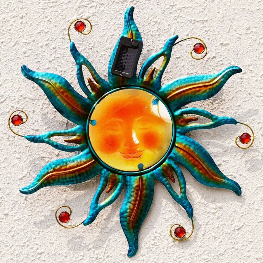 

Металлическая скульптура солнца с LED-подсветкой и улыбающимся лицом, настенный декор для улицы, синий цвет.