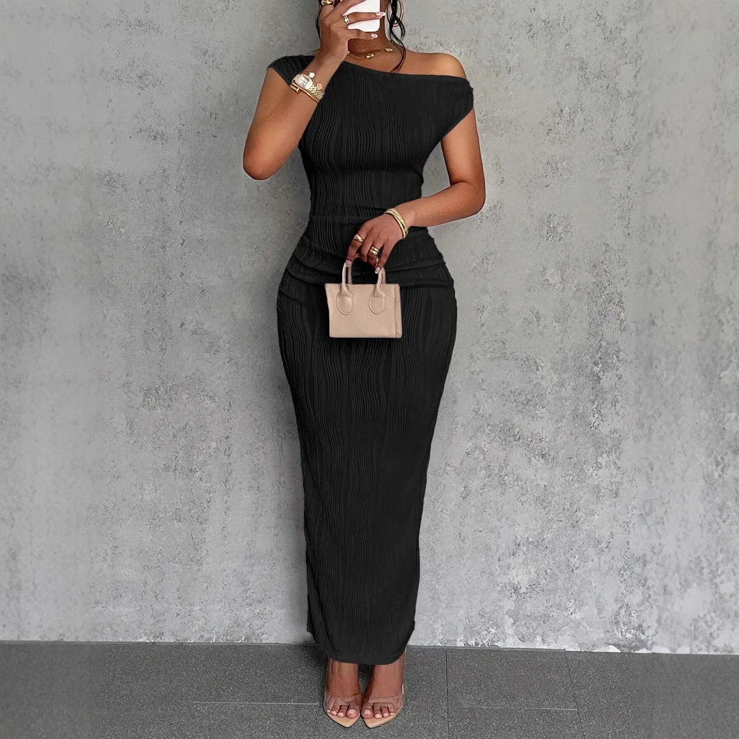 Cute Fashionable Water Ripple Pattern Oblique Shoulder Dress Independent Station New Model Cross Border Sexy Style Polyester ...
