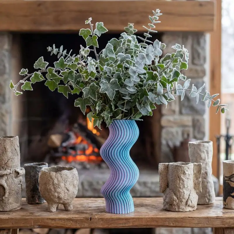 3D Printed Striped Vase Irregular Curved Shape Art Flower Container Modern Decor Pot For Dried Flower Home Tabletop Ornament
