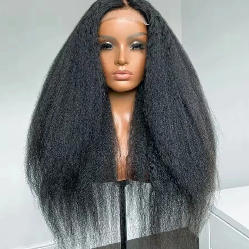 

Black Long Yaki Straight Kinky Lace Front Wig For Women Hair Soft Pre-Plucked Glueless Baby Hair Daily