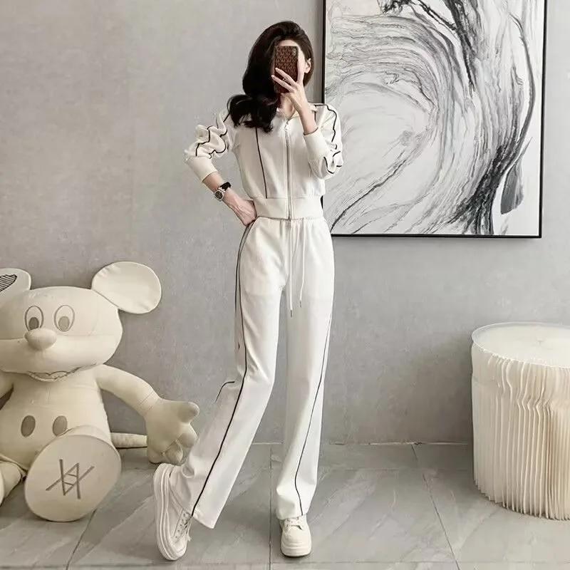 Women's White Stripe Decor Casual Tracksuit 2 Piece Set Minimalist Office Daily Outfits 2026