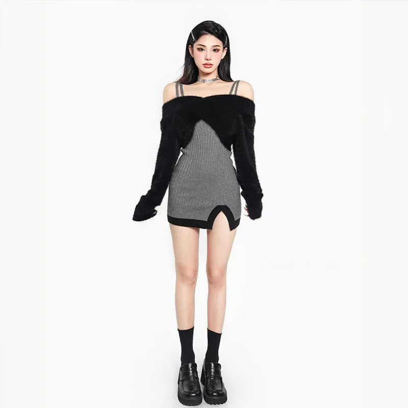 2024 Autumn Y2k Two Peices Set Sexy Elegant Long Sleeve Sweater Pullovers + Women Knitted Split Mini Dresses Female Cute Vestido