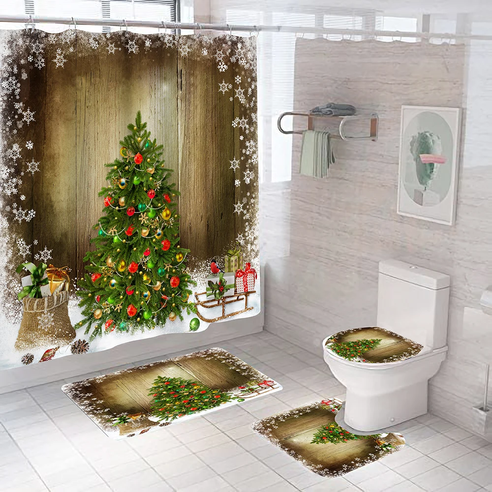 

180x180cm Shower Curtain Set Christmas Fireplace Polyester Bathtub Curtains for Bathroom Xmas Decor Non Slip Bath Mats Rug