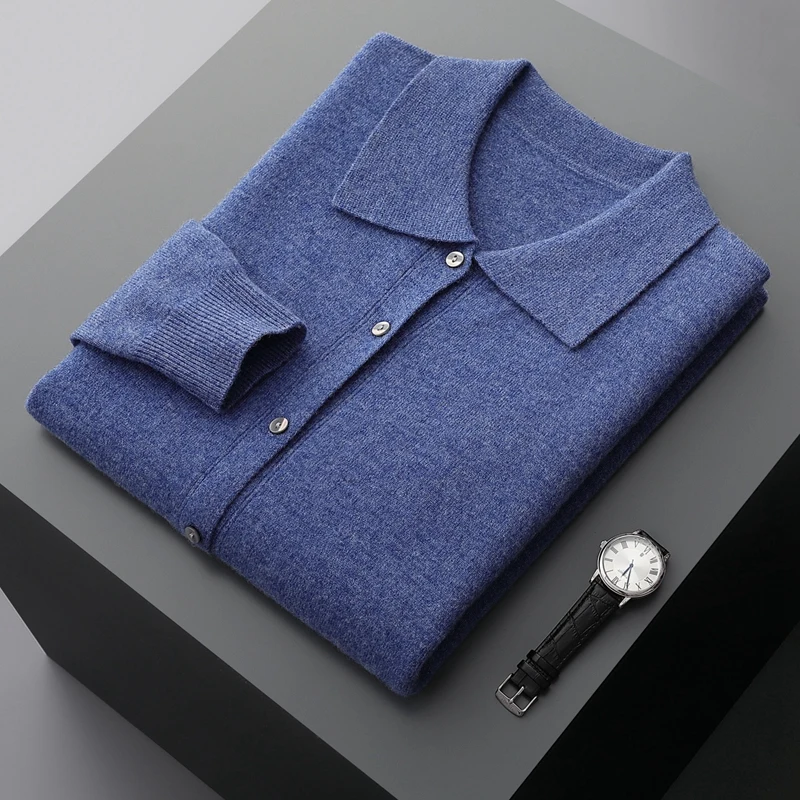 

Men's Wool Cardigan Spring Autumn POLO Turn Down Collar Solid Smart Casual Cashmere Sweater 100% Merino Wool Knitwear Fashion