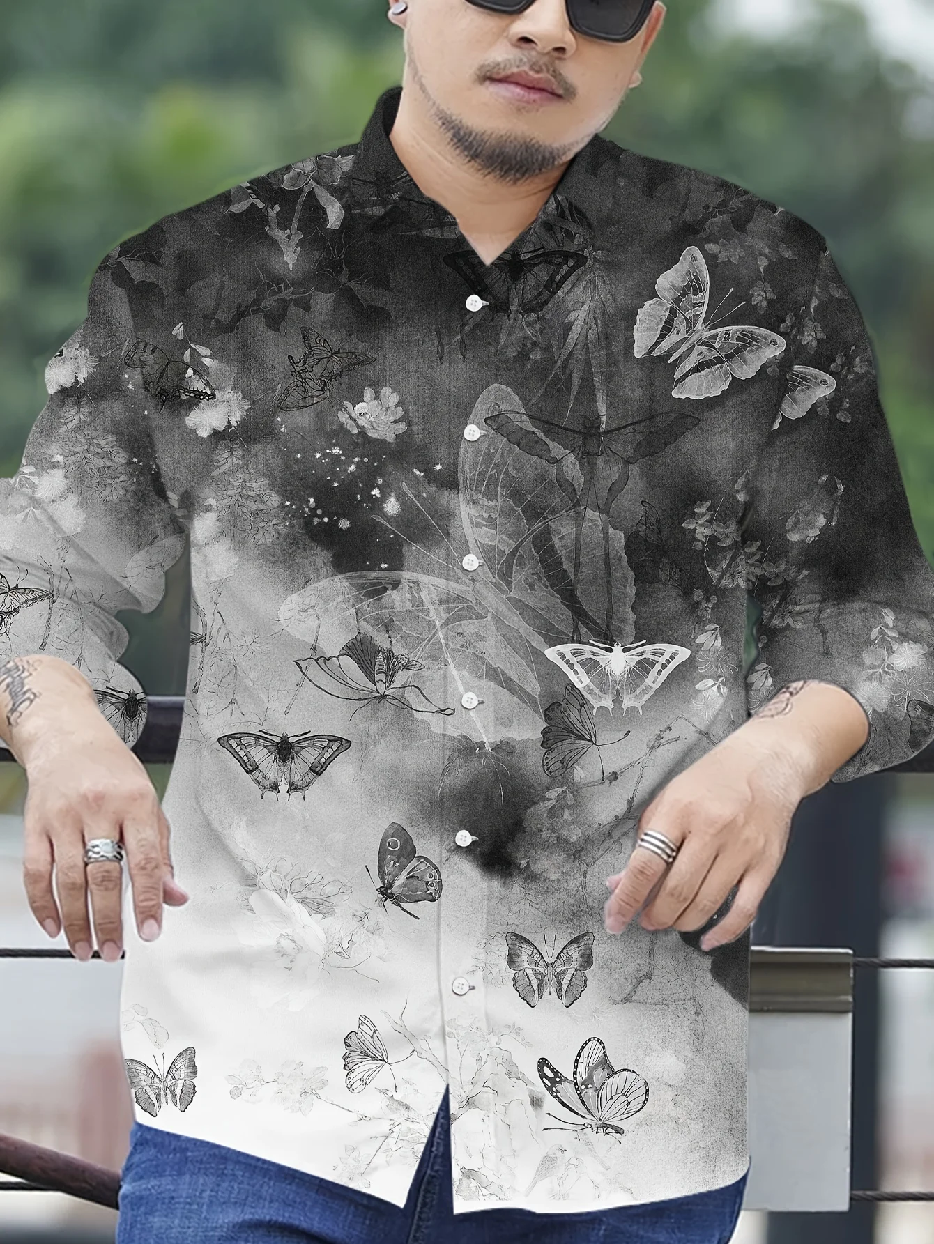 Bohemian Geometric Print Long Sleeve Shirt - Bold YES Text & Color Block Design, Regular Fit Button-Up Shirt for Men