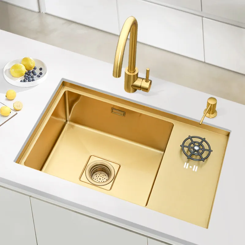 Gold 304 stainless steel hidden water bar counter, sink, island platform, invisible single tank under the stage