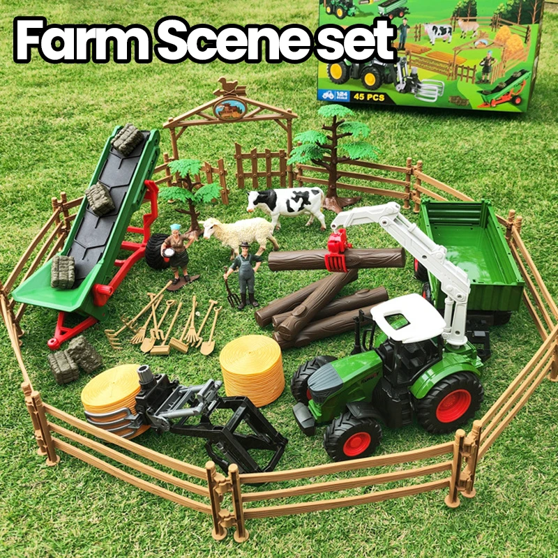 Farmer Harvester Car Model Tractor Trucks Farm Fence Scene Series Simulation Cow Horse Animal Figures Miniature Cute Kid Toy