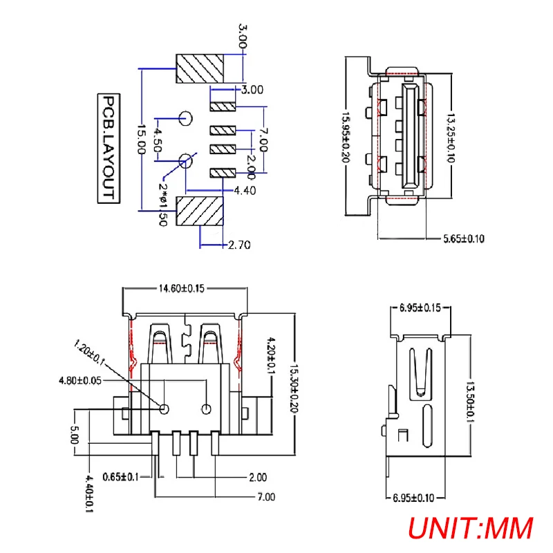10PCS USB Type A Standard Port Female Solder Jacks Connector PCB Socket USB-A type SMT 4Pin