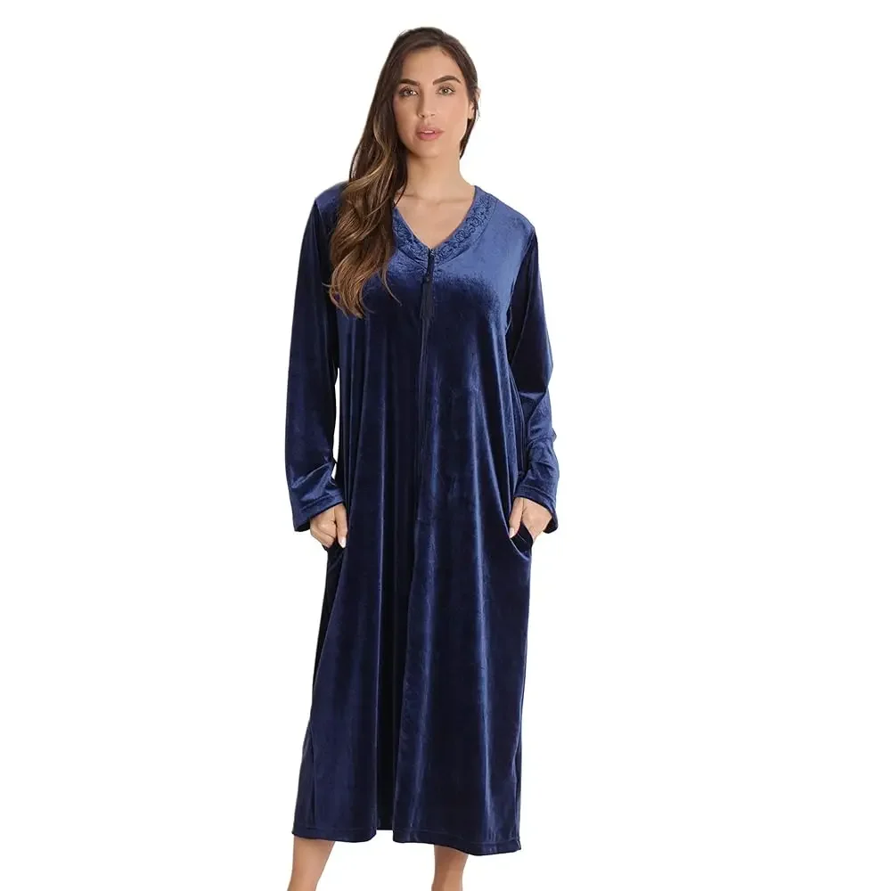 Love Stretch Velour Embroidered Zipper Lounger Robe for Women with Pockets