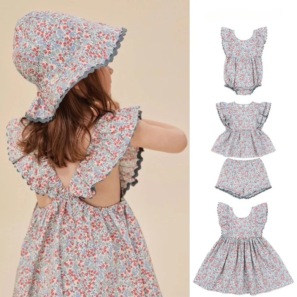 

2025 KS Summer Children's Clothing Baby Girls Dress Kids Cotton Bodysuits Clothes Girls Floral Print T Shirt + Shorts 2 Pcs Sets