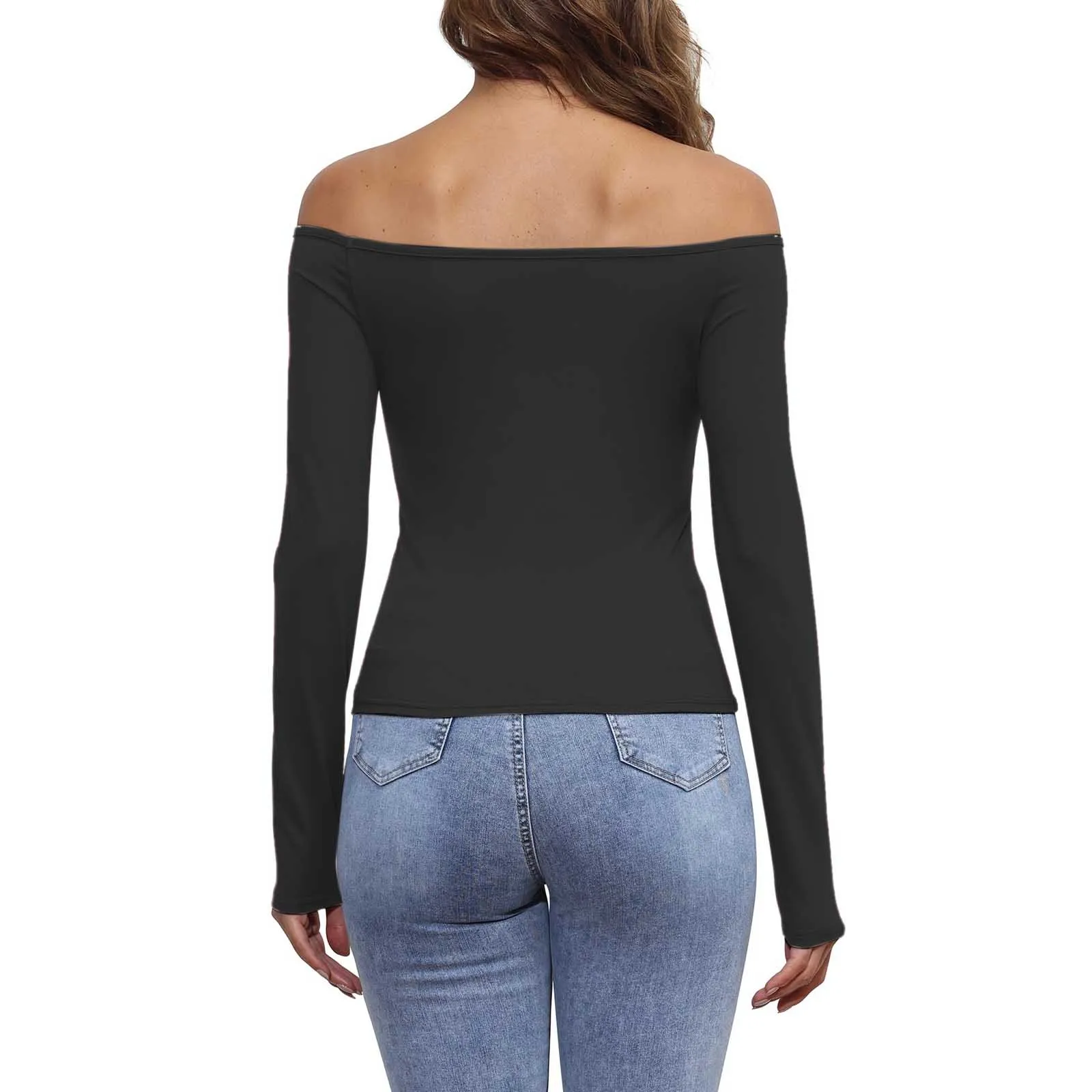 Sexy Black Off Shoulder Women Slim T-Shirts Elegant Long Sleeve Round Neck Basic Casual Tight Clothes Autumn All Match Tees Tops