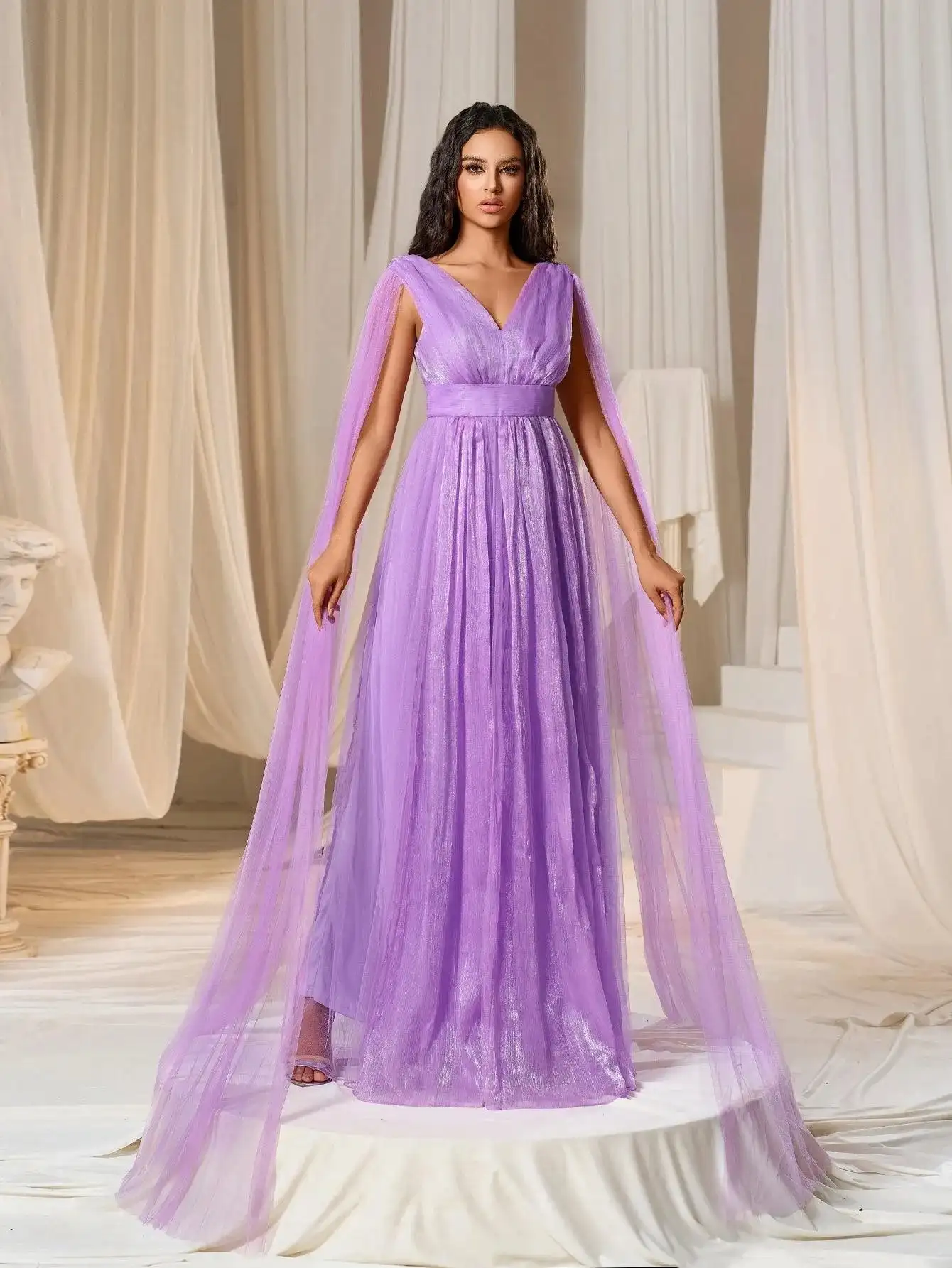 Plunging Neck A Line Bridesmaid dress With Cape Party Dress & Evening Dress