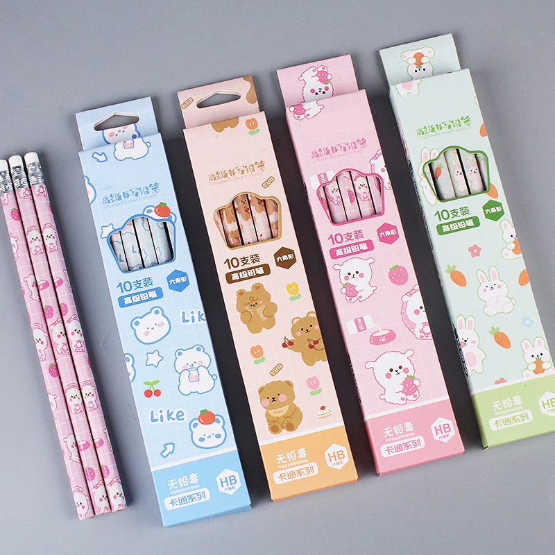 Juego de lápices de grafito de 10 piezas, lápices de papelería coreanos Kawaii para niños, suministros de arte para escritura y dibujo escolar