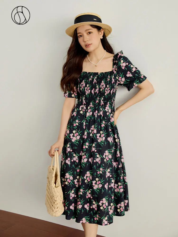 DUSHU 100% Cotton Floral Sweet Commuter Women Mid-Calf Dresses Bust Designed Puff Sleeve Female Long Dress Summer Floral Skirt