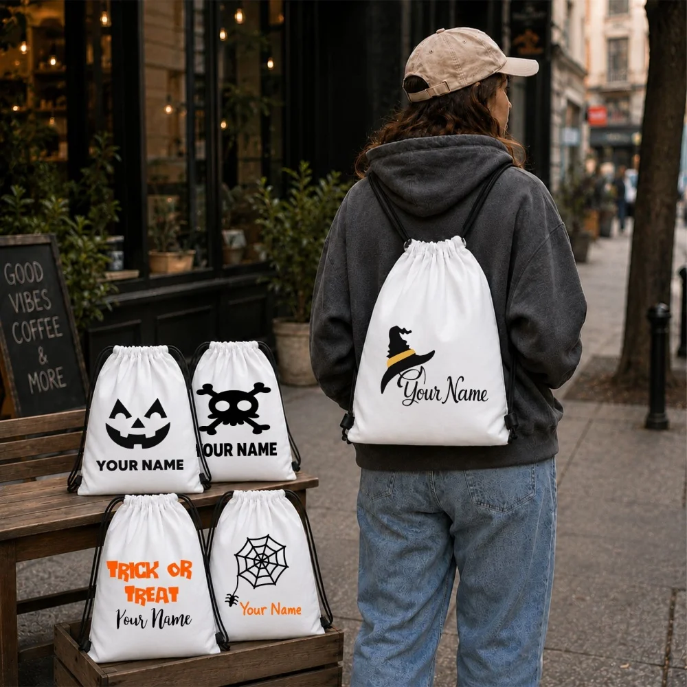 5 Pack Personalized Mixed Halloween Drawstring Backpack Set Custom Name Kids Trick Or Treat Candy Bags Storage Gift Sacks