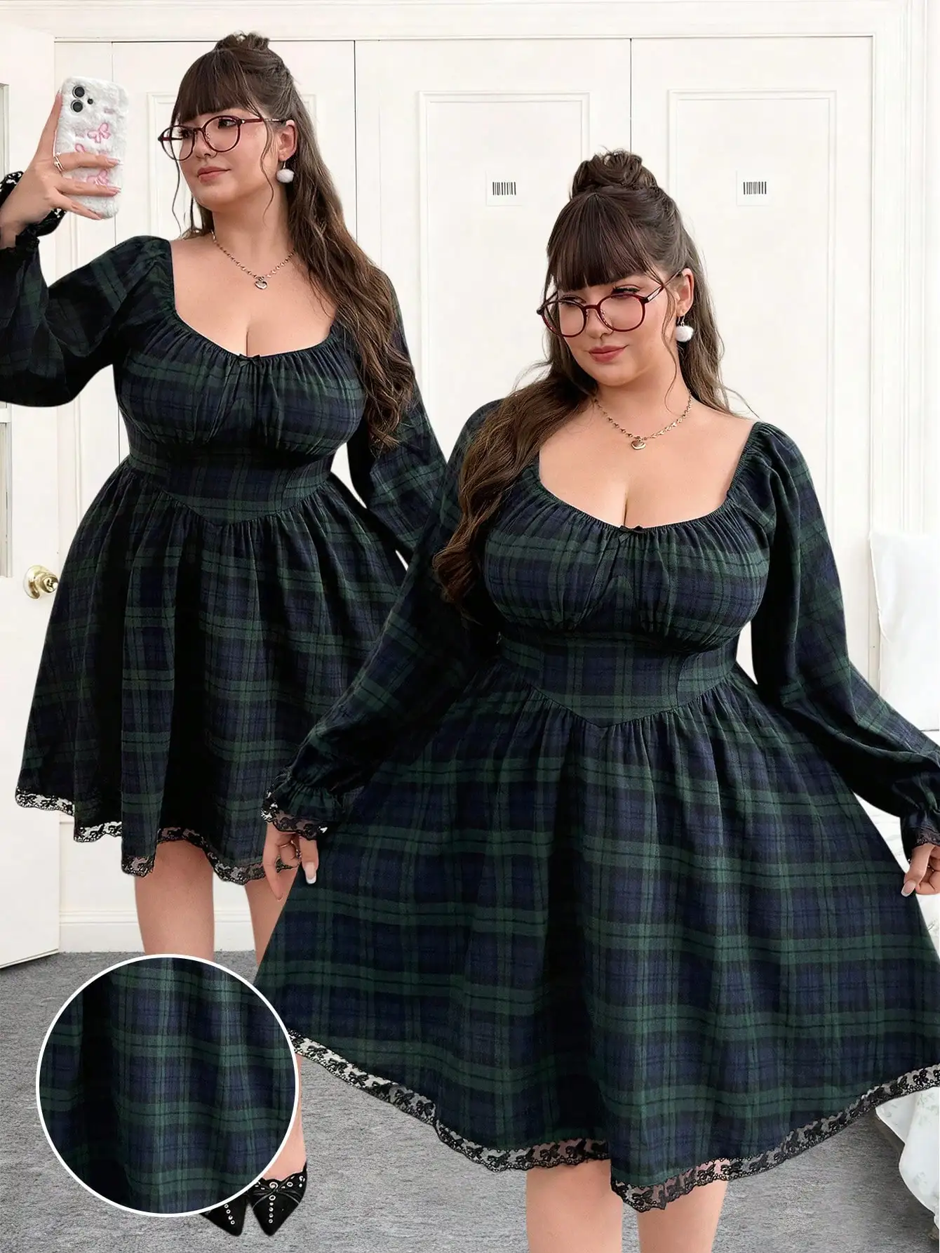 

Plus Size Women Long Sleeve Plaid Square Neck A-Line Dress Winter