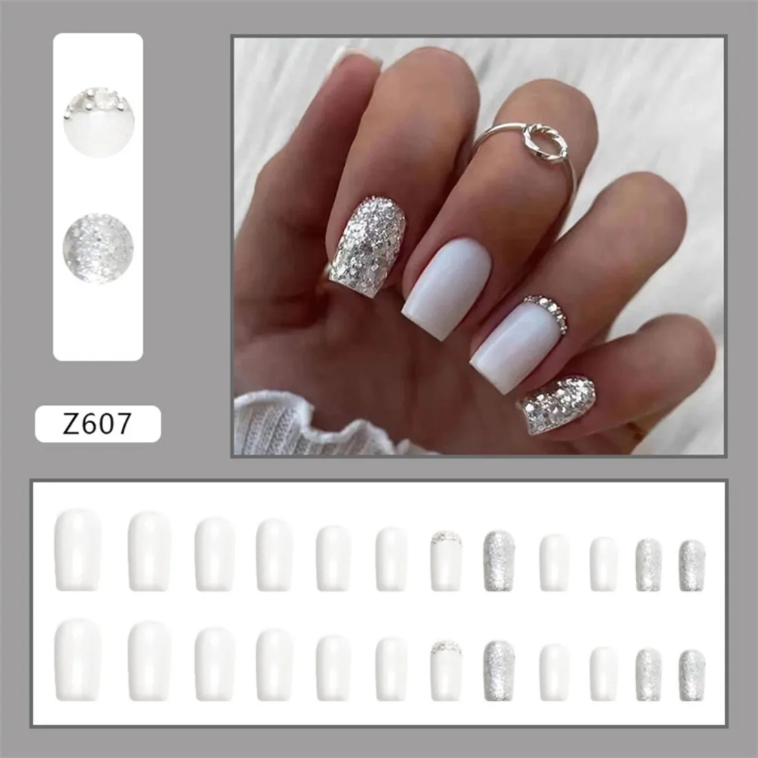 

24p Artificial Acrylic Nail Art Fake Nails Full Coverage Press On Nails Tips Short Ballet Dance Cream Silver Glitter False Nail