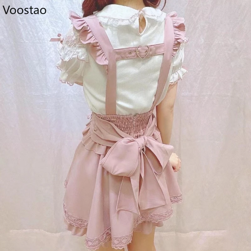 Rok Suspender pendek pita Lolita Gotik Jepang pita busur berlian mutiara gesper dapat dilepas rok Suspender anak perempuan manis lucu renda rok Mini A-Line