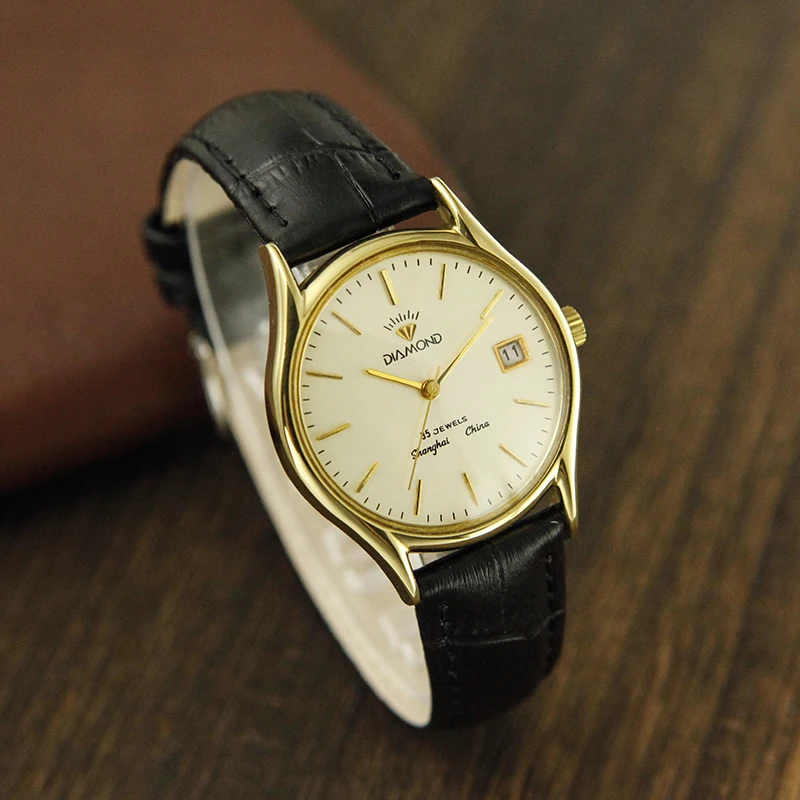 

Old Diamond Watch Leather Strap Titanium Round Bar Calendar Middle Aged Antique Automatic Mechanical Men's Watch