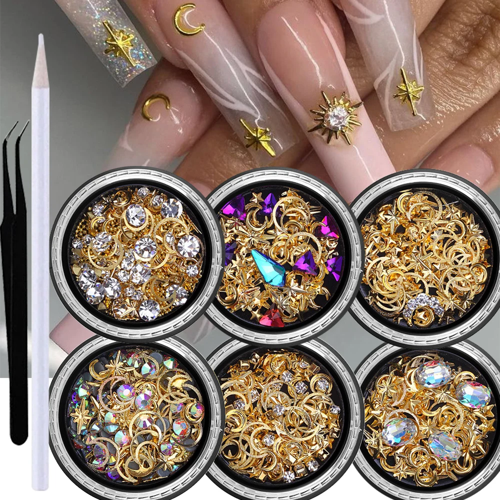 Metal Nail Rivets Charms, 6Girds, 3D Nail Art Decoração, Punk, Star, Moon, Mixed Gold Jewelry, DIY Tip Studs, Manicure Acessórios