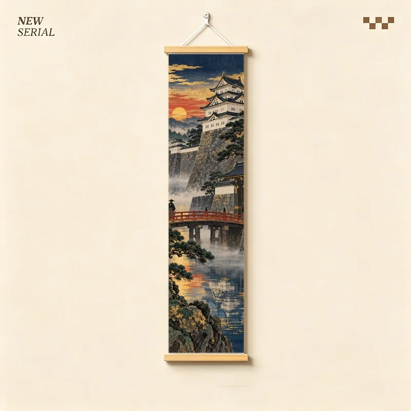 Japanese Townscape Wall Art with Snowy Peaks, Arched Bridge and Autumn Trees on Silver Shimmer Canvas for an Entryway
