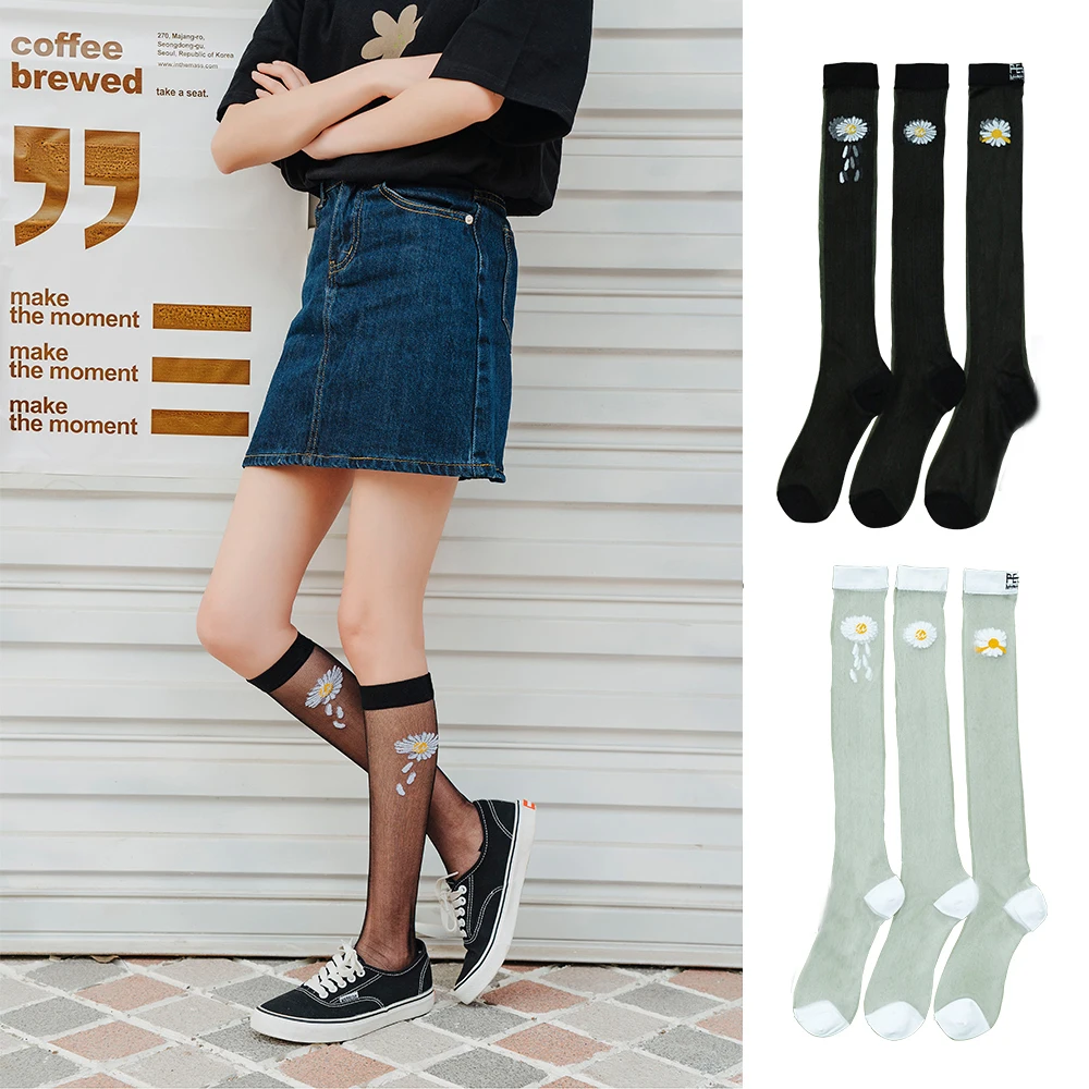 Spring/Summer Women's Socks Medium Tall Daisy Print Sports Fashion Ultra-Thin Transparent Stockings Kawaii Casual Calf Socks