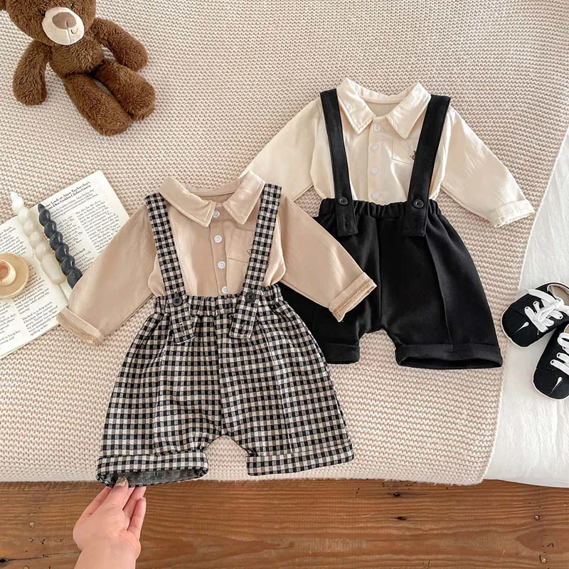 MILANCEL New Spring Baby Clothes Set Toddler Cute Bear Shirt Lattice Overall Boys Outwear 2PCS