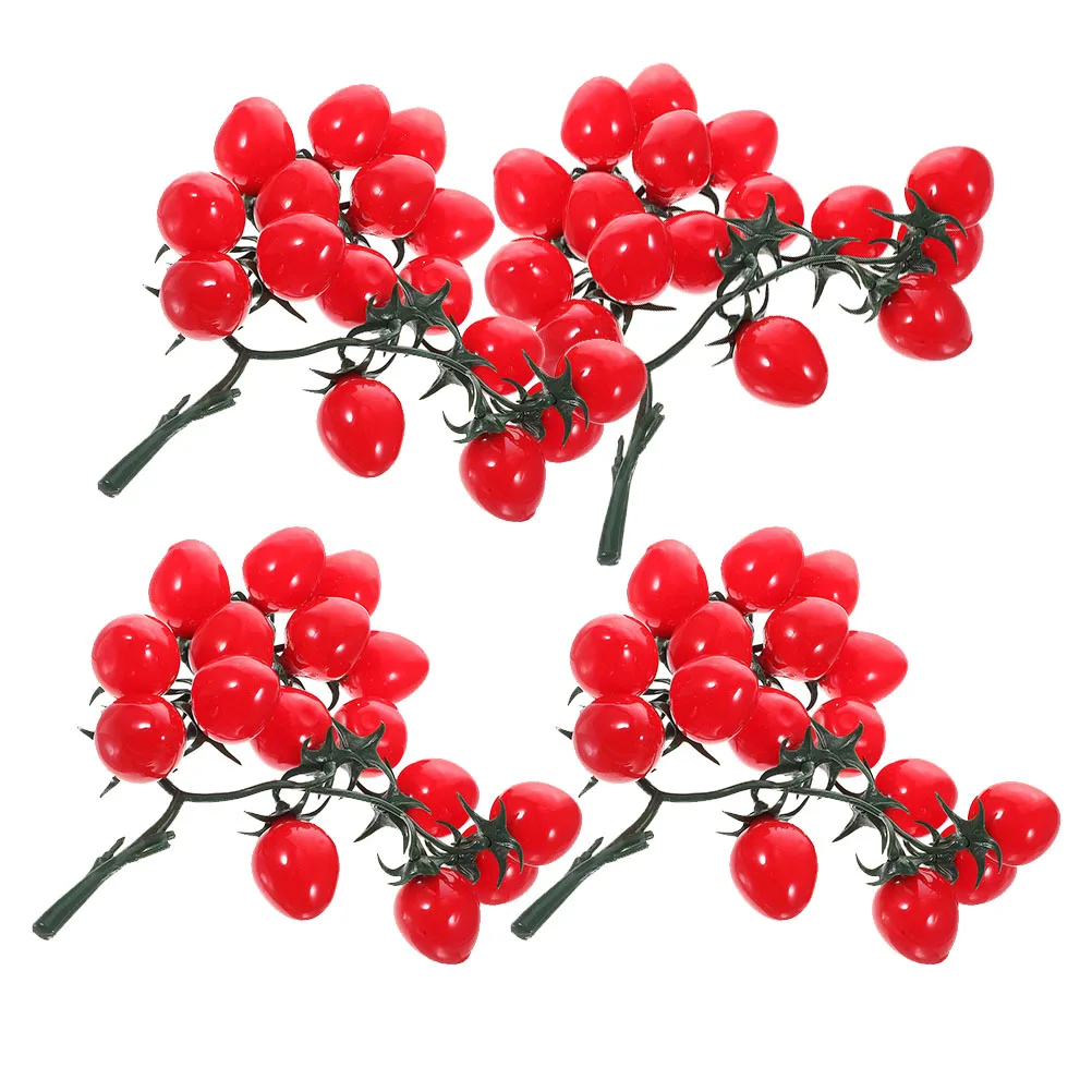 

4pcs Lifelike Fake Cherry Tomatoes Realistic Simulation Fruit Decor Home Ornament Plastic Bunch For Photography Props Party