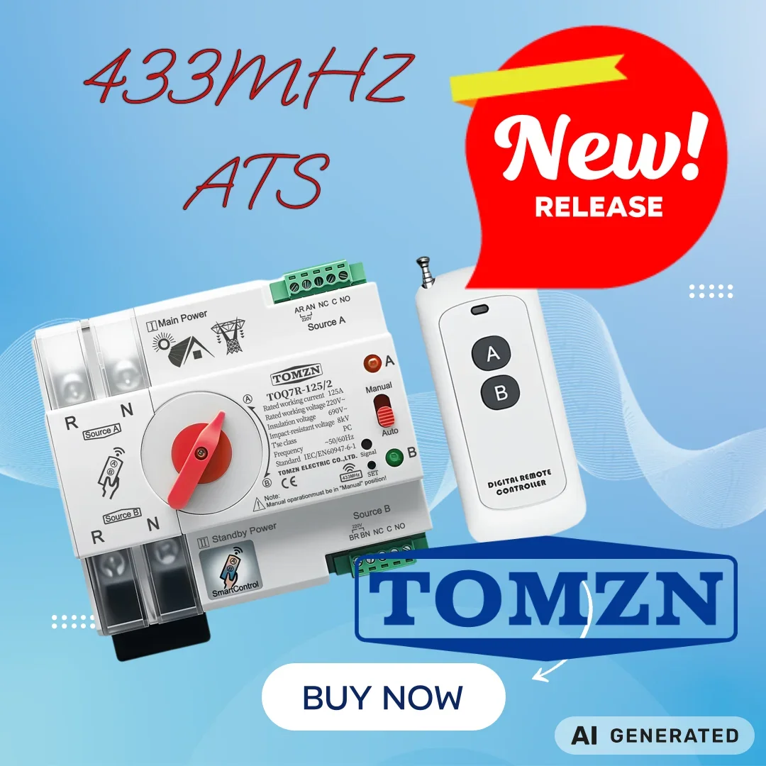TOMZN 2P Remote Control ATS Wireless 433MHz Dual Power Auto Transfer Switch Electrical Selector Switches Uninterrupted Power