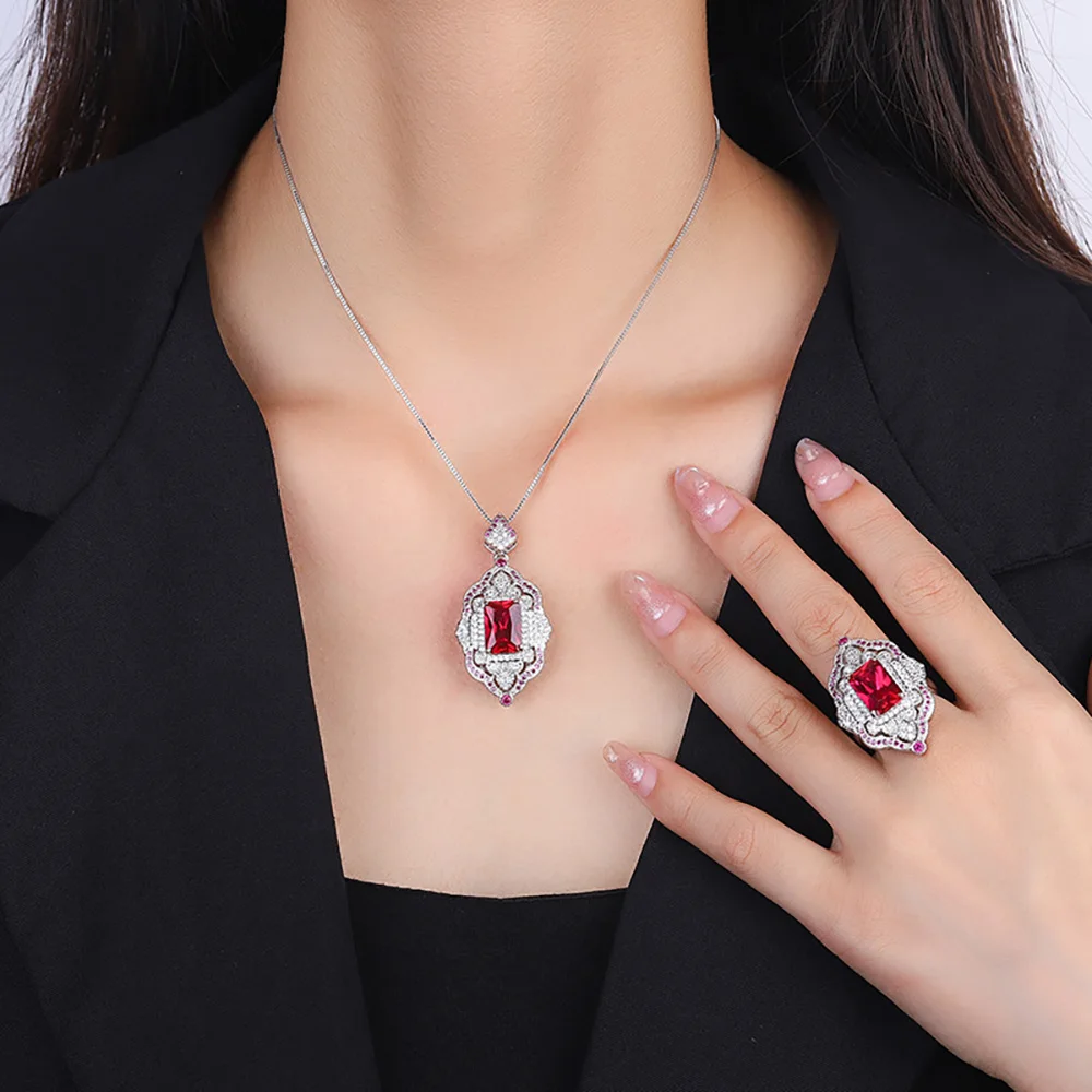 Retro 8*12mm Emerald Ruby Sapphire Noble Court Jewelry Sets for Women Gemstone Wedding Party Pendant Necklace Ring Set Wholesale