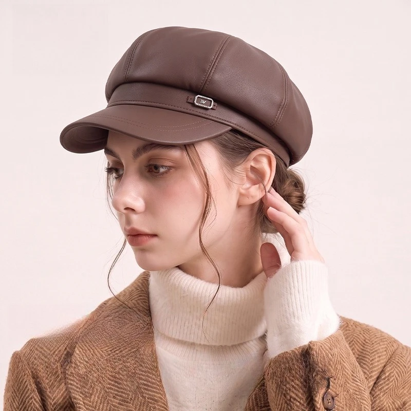 Premium Retro Matte PU Leather Octagonal Hat Female Elegant Face Small British Painter Hat Autumn and Winter New Beret