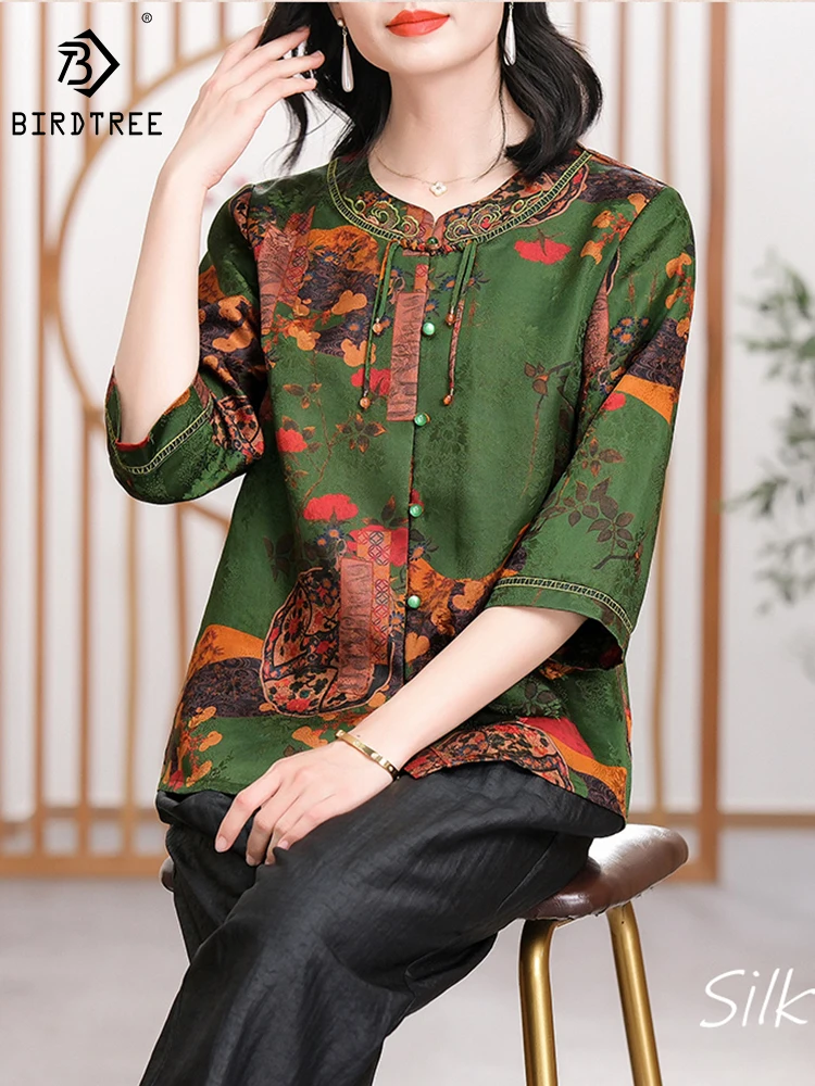 BirdTree 100%Real Silk XiangYunSha Shirt Women,Stand Neck Three-quarter Sleeves,Slim Temperament Blouse,2024 Spring New T42349QD