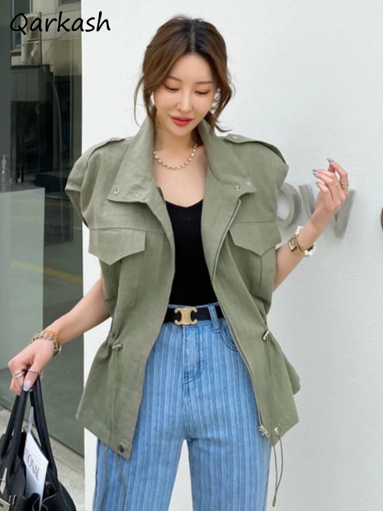 

Jackets Women Chic Summer Korean Style Classic Pockets Daily Turn-down Collar All-match Casual Zipper Pure Charming Students New