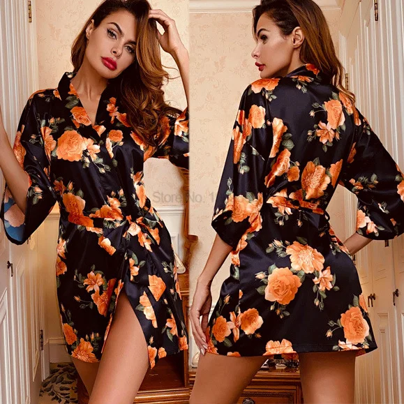 

Women Satin Kimono Bath Gown Print Flower Robe Summer V-Neck Nightgown Sleepwear Loose Soft Loungewear Mini Nightdress