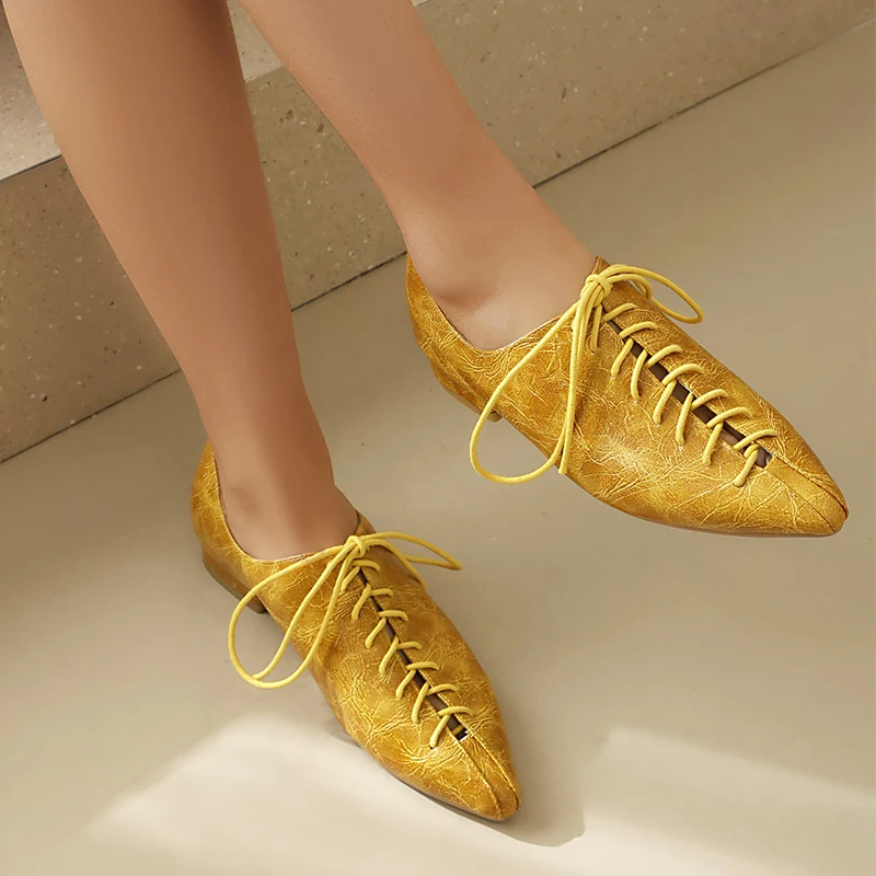 

British Comfortable Simple Single Shoes Pointed Toe Low Heel Women's Flats 2026 New Spring and Autumn Cross Tied Hollow Oxfords