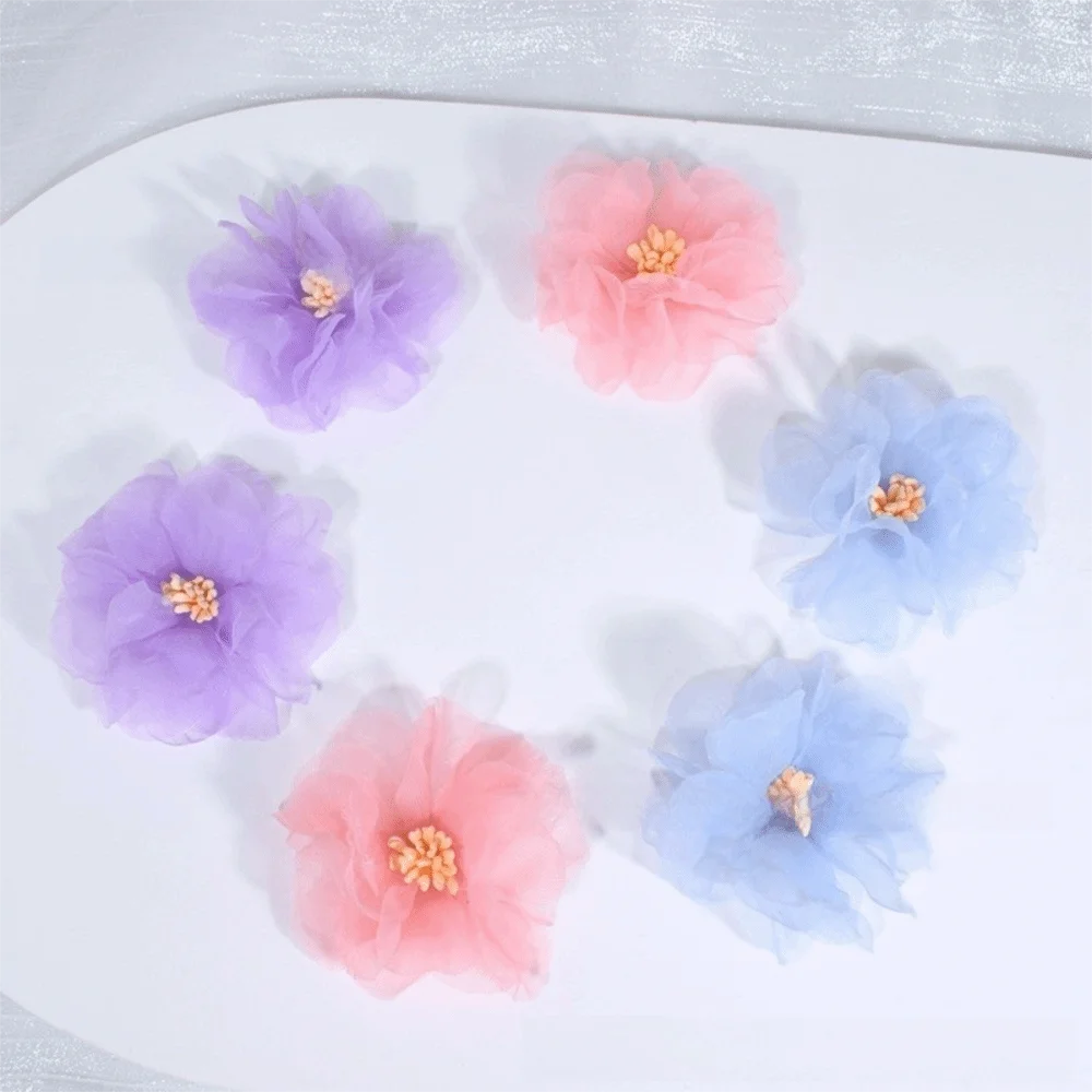10Pcs 5.5cm Organza Artificial Flower Appliques 3D Translucent Chiffon Flower Embroidered Patches Colorful