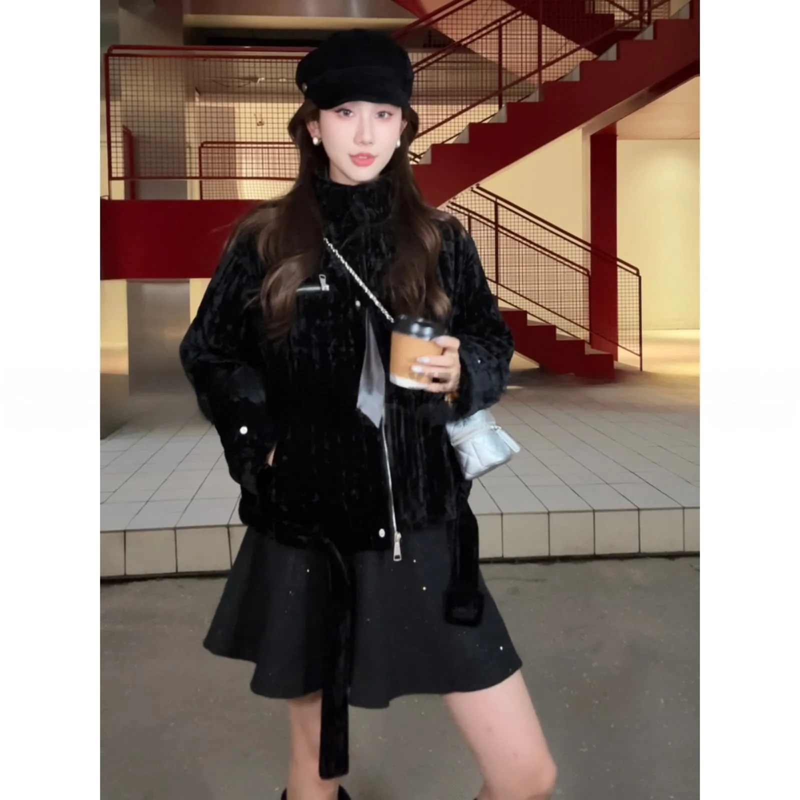 

Exquisite Design Bla Velvet Jaet Stand Collar Waistable Loose Fit Autumn Winter New Sle Women's Cotton Coat