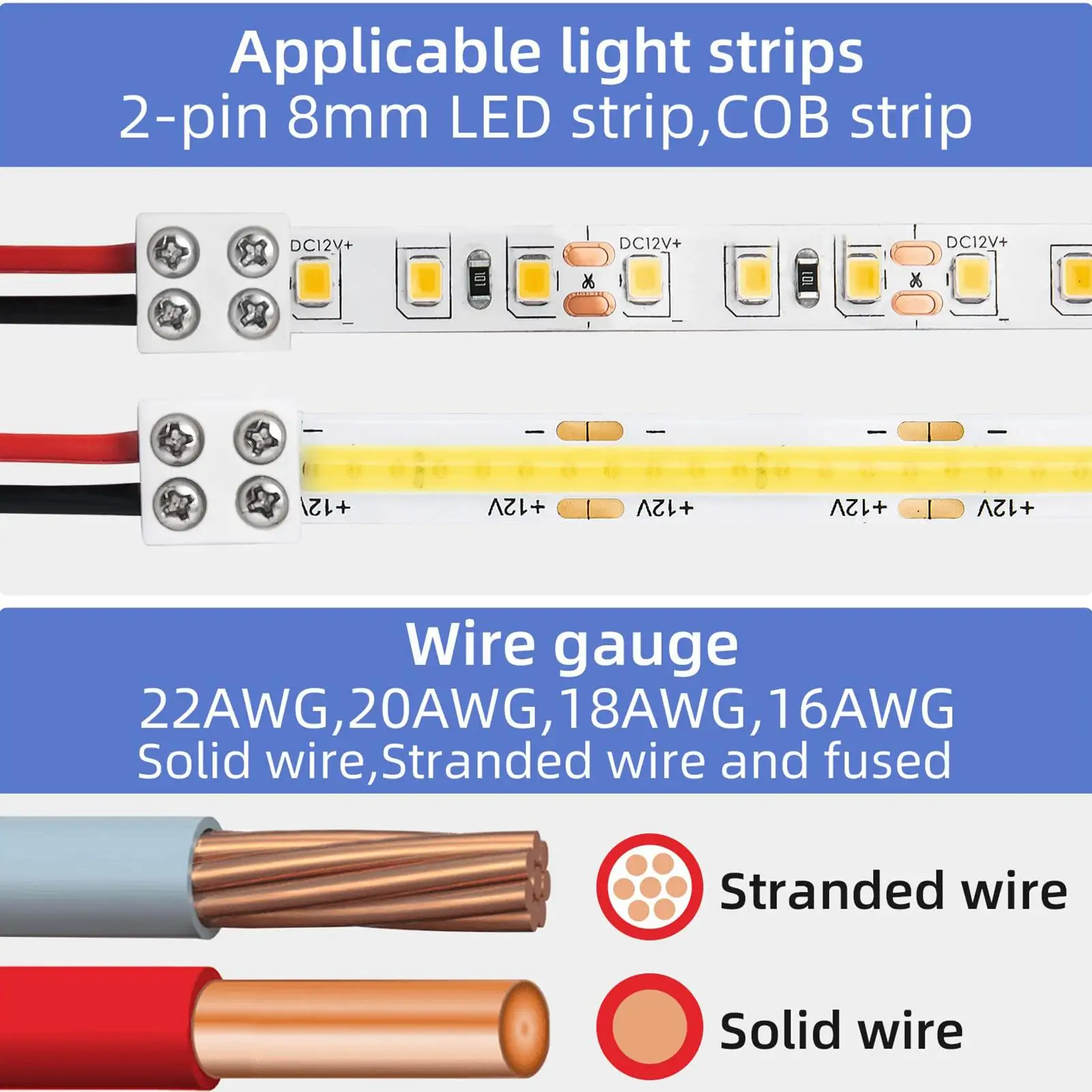 LED قطاع موصلات 2Pin 8 مللي متر 5 فولت/12 فولت/24 فولت تنوعا مصباح ليد لحام موصل محول ل 22AWG/20AWG/18AWG/16AWG سلك الصلبة