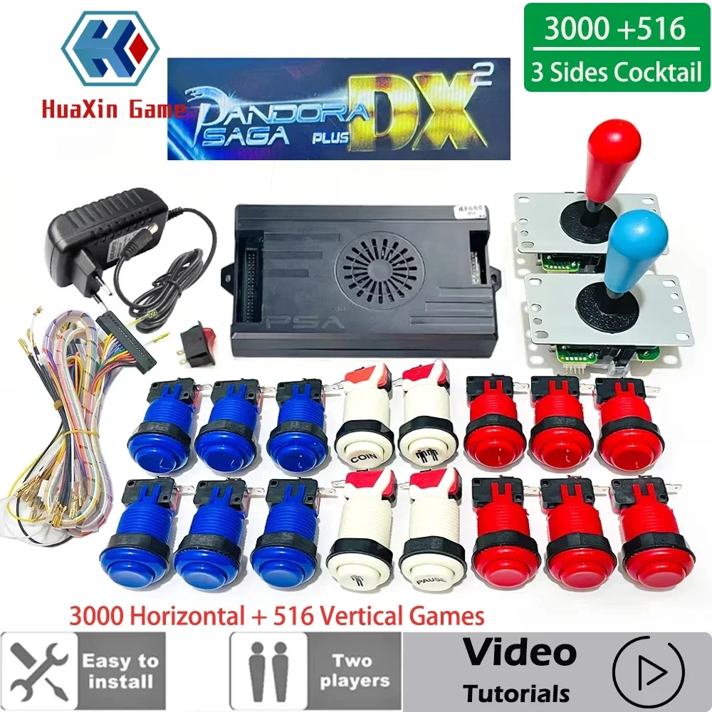 Pandora Saga DX Plus 3000 horizontal + 516 vertical Games, DIY 8 Way Joystick Push Button Arcade Game, 3 Sides Cocktail Bartop