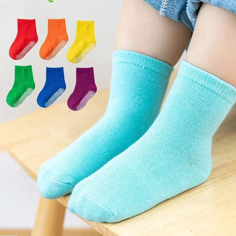 6 Pairs/Lot Spring Autumn Kids Anti-slip Socks Solid Color Soft Breathable Cotton Babys Boat Socks Boys GirlsTrampoline Socks