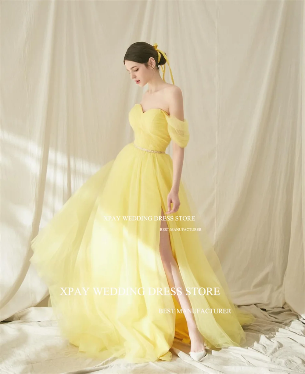 XPAY Sweetheart Yellow 3 Style Korea Evening Dresses Fairy Tulle Long Puff Sleeves Wedding Photo Shoot Open Back Bride Gown