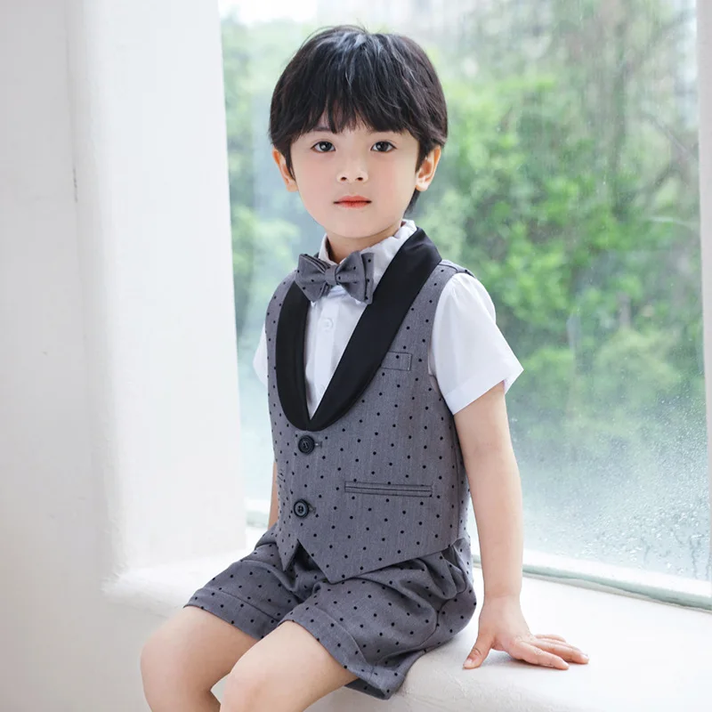 Children Dot Vest Shirt Shorts Bowtie Photography Suit Kids Wedding Birthday Party Costume Boys Breathable Summer Dress School