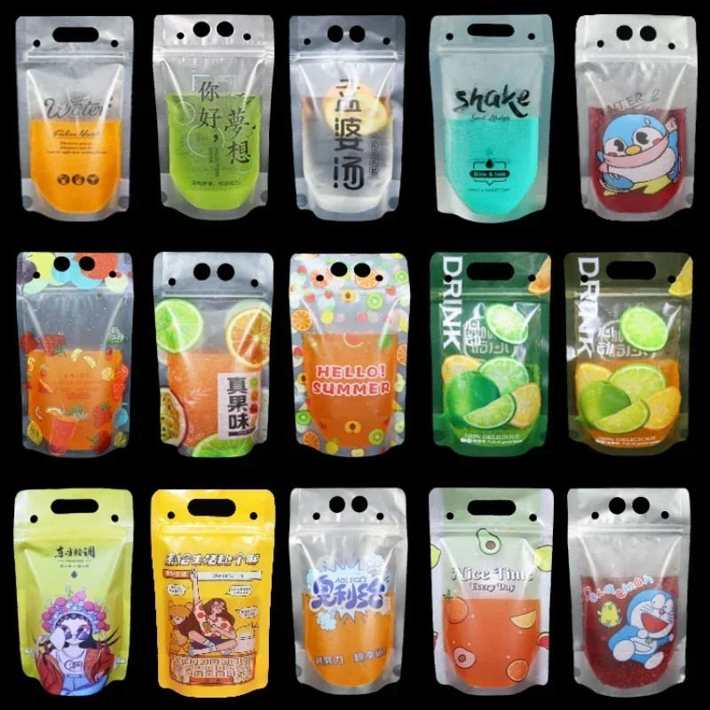 50pcs Disposable Stall Beverage Juice Bag 450ml, Beverage Self Sealing Bag Fruit Milk Tea Portable Handbag with straws holes