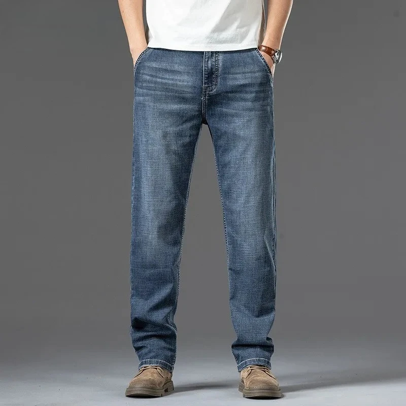Men Summer Jeans Stretched Plus Size 42 44 46 48 Straight Loose Thin Denim Trousers Male Oversized Soft Breathable Pants