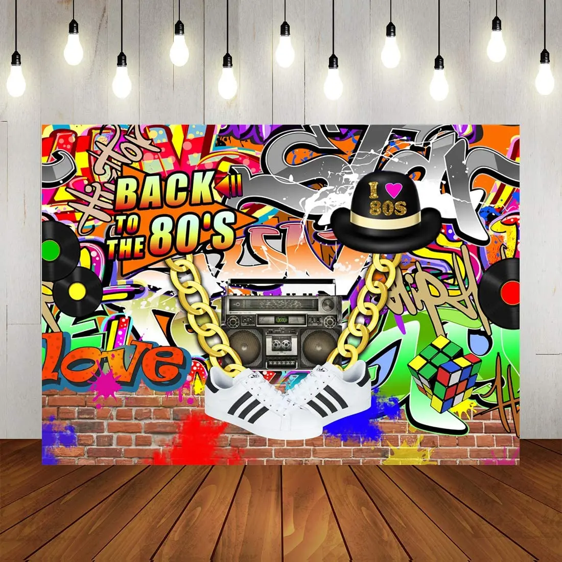 Retro 80's Theme House Party Backdrop Hip Hop Graffiti Art Brick Wall Music Radio Photography Background Decorations Supplies