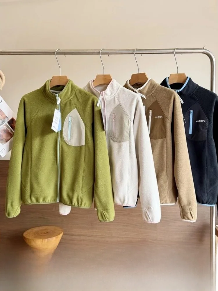 High Efficiency Heat Storage! Color Block Stand Collar Fleece Jacket for Men And Women Outdoor Autumn Winter Casual Style Pol...