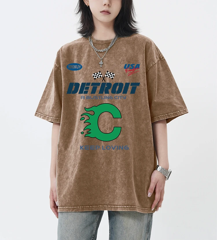 Detroit Usa Sport Pattern Retro Female T-Shirts Summer All-Match Short Sleeve Cotton Snow Wash Top Trendy Crewneck Tee