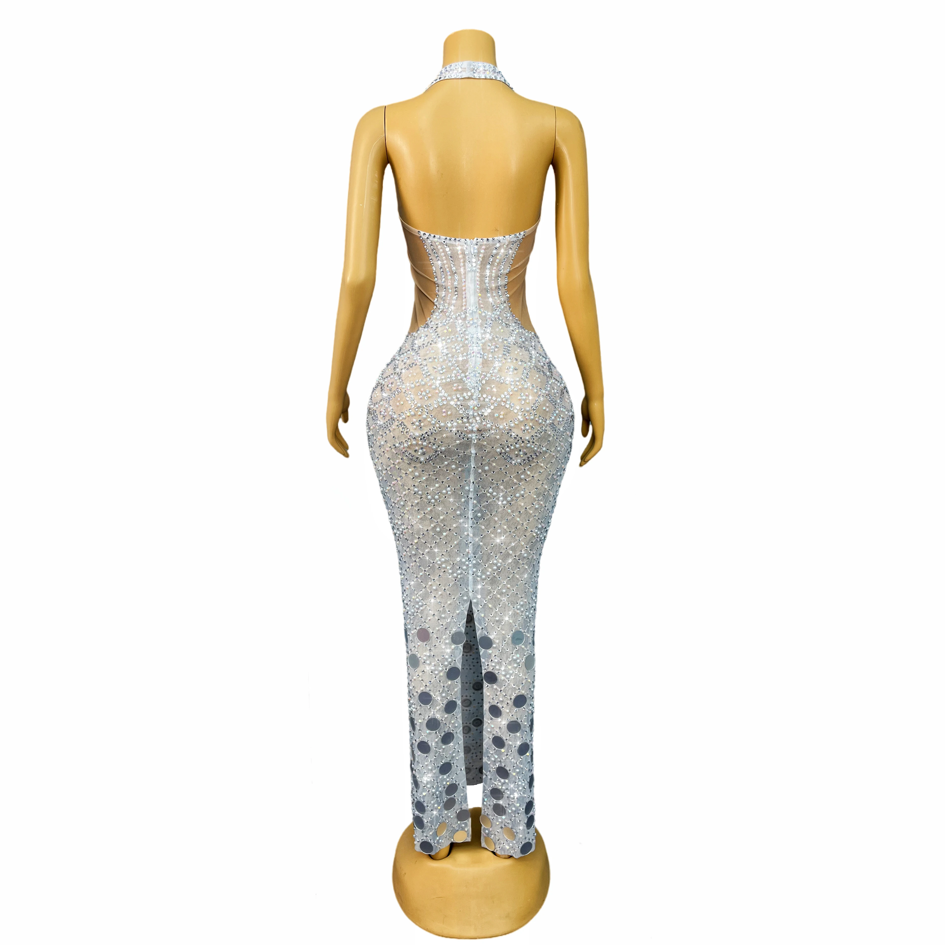 Novo brilhante strass sexy com decote em v vestido sem costas noite casamento elegante vestido de baile tapete vermelho roupa de palco langchaoqun
