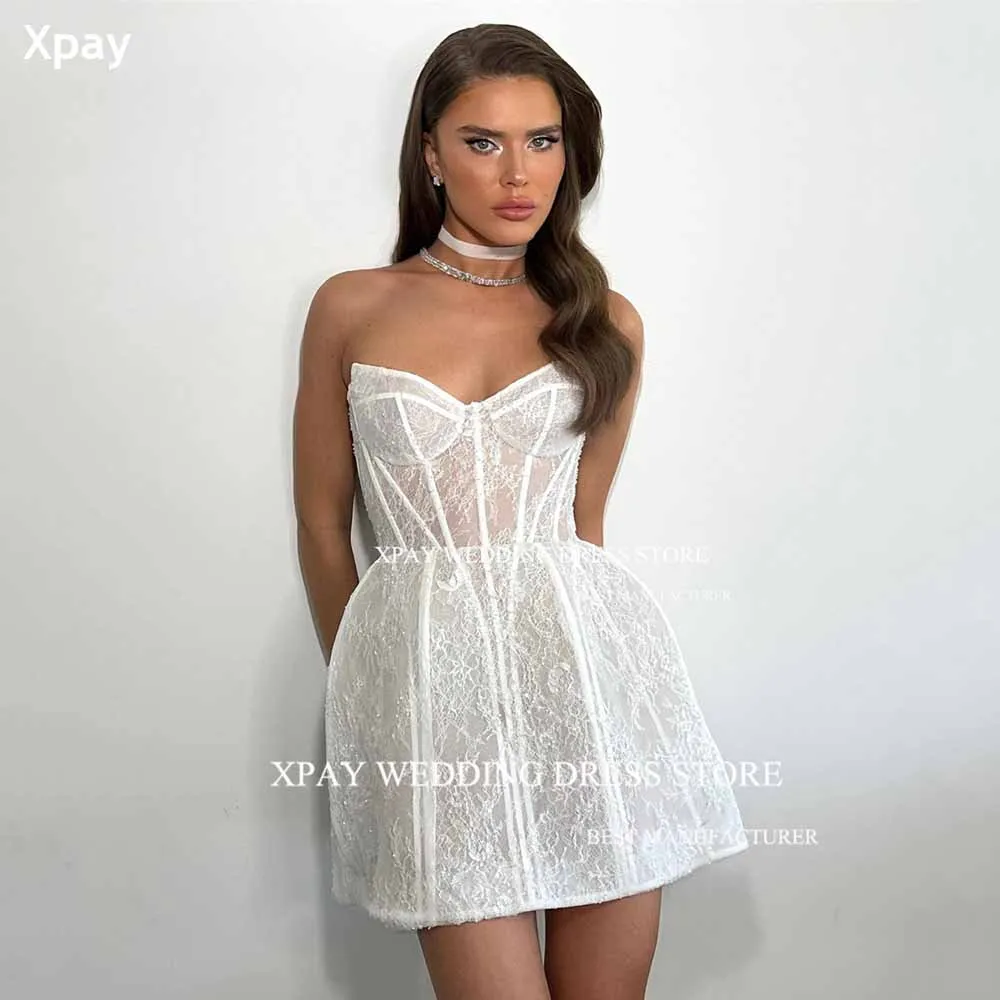 

XPAY Sweetheart Lace Short Wedding Dress Fish Bone Sleeveless Backless Bridal Gowns vestidos de novia Custom Mini Bride Dress